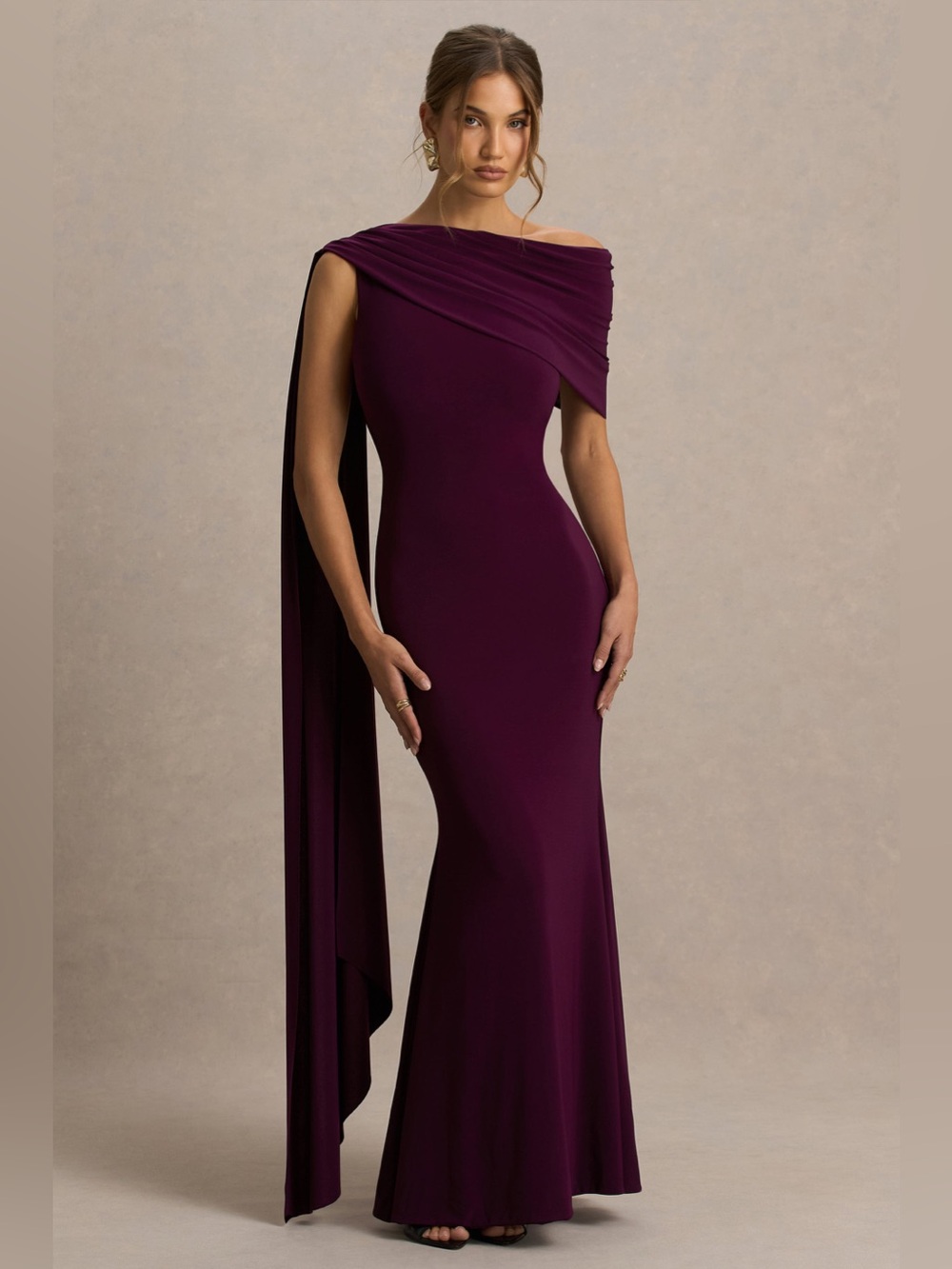 ClubL Dark Plum Asymmetric-Neck Maxi Dress With Draped Detail